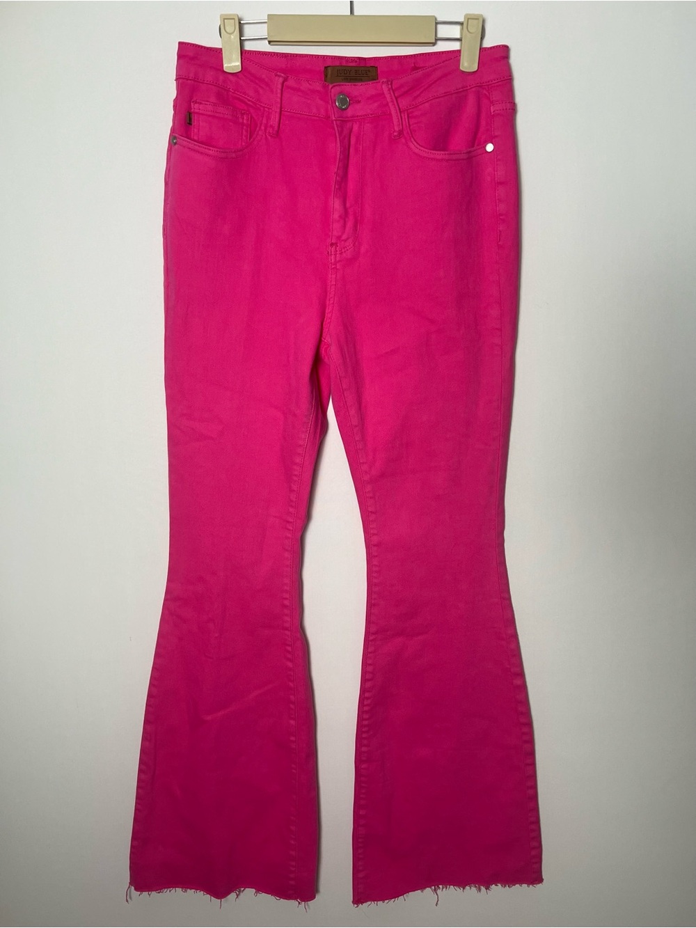 Judy Blue Hot Pink Flare Jeans Women’s 9/29 High Rise Fringe Hem Stretch Denim